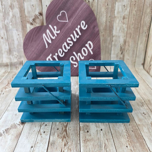 Two Turquoise Blue Wooden Candle Holder Small - Picture 1 of 6